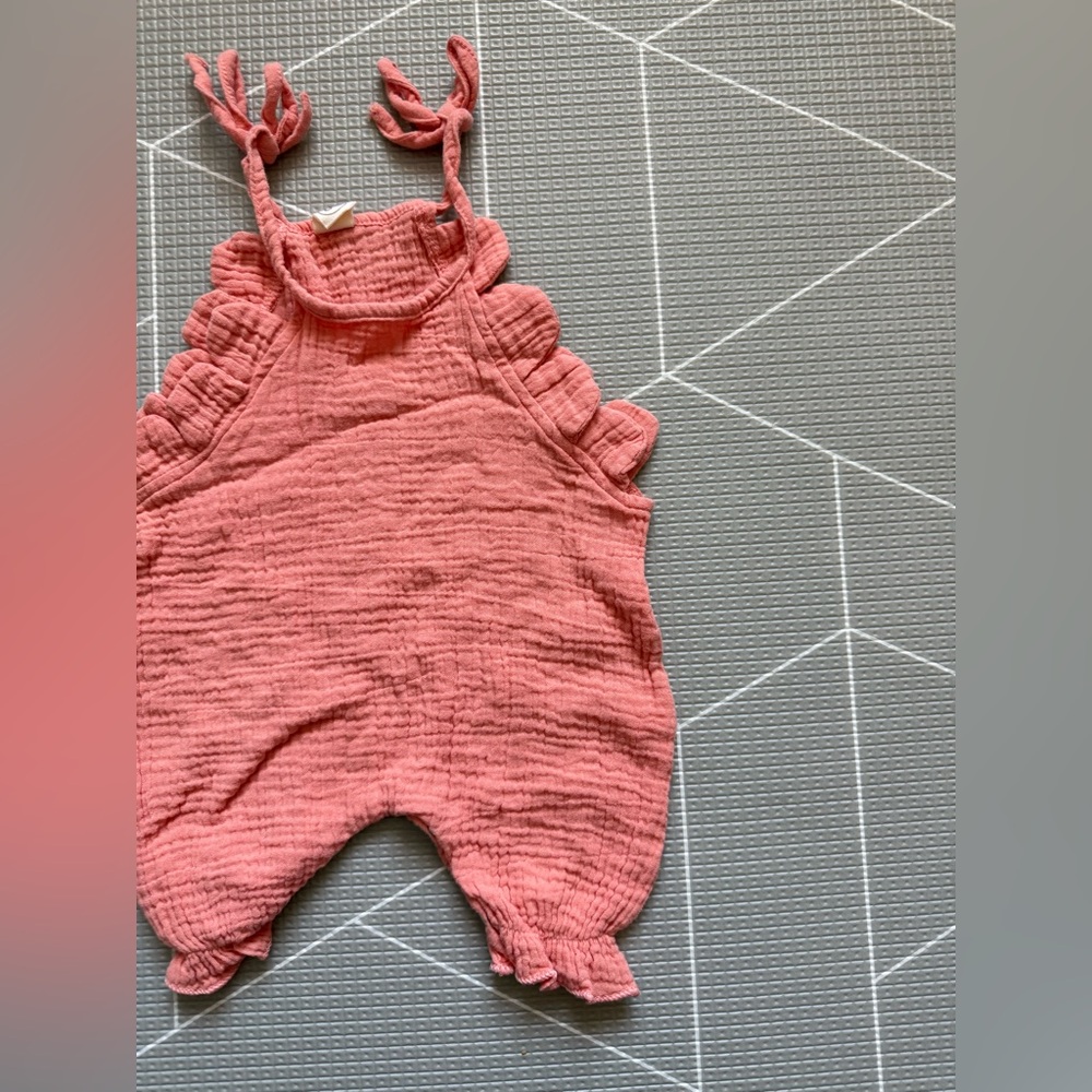 Small shop|Baby girl gauzy cotton Textured jumpsuit in Coral Pink,ruffles•••boho